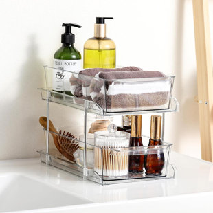 ADECO TRADING 2 Set, 2 Tier Clear Organizer With Dividers For Cabinet, Shlef, Counter - Multiuse Slide-Out Storage Container - Kitchen, Pantry, Medicine Cupboard Bins, Bathroom, Vanity Makeup, Under Sink Organizing