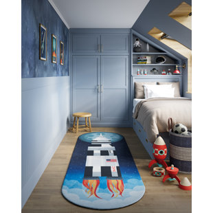 PLAYGROUND RUGS BY MOMENI Momeni Playground Rocket Blue Kid Rug 2'4" X 7'7"