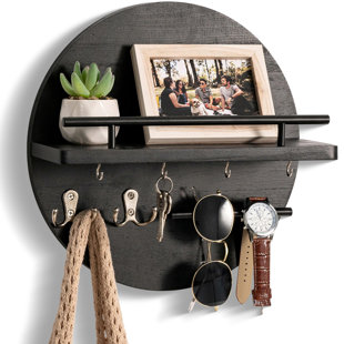 HUDSON & ASHTON LLC Round Design Wall Decor Keychain With Shelf And Hook, Wall Mounted Mail Organizer (Black)