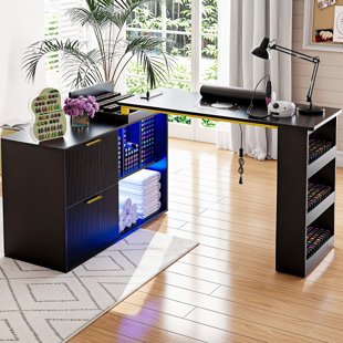 HOKKU DESIGNS Kitwana L-Shaped Manicure Table Nail Desk with Storage & RGB Lights – Adjustable, 4 Dust Collection, Wrist Cushion