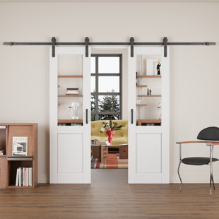 HOME WORTHY Half Glass Mirrored Primed Double Sliding Barn Door With Installing Hardware Kit(No Assembly Required)