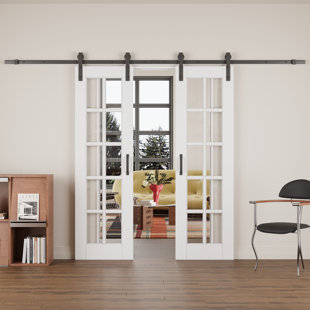 HOME WORTHY 10 Lite Clear Glass Solid Wood with Installation Hardware Kit Double Sliding Barn Door(No Assembly Required)