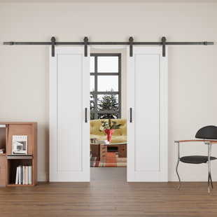 HOME WORTHY Solid Manufactured Wood Panel White Primed Double Sliding Barn Door with Installation Hardware Kit(No Assembly Required)