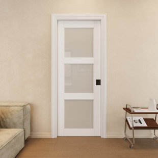 HOME WORTHY Interior 3-Lite Frosted Glass Sliding Pocket Door Solid Core Pantry Door With Privacy Pocket Lock / Soft Close