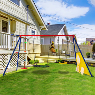 J&S HOME Backyard Heavy-Duty 5 In 1 Metal Outdoor Swing Set With Basketball Hoop And Tent For Kids