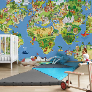 EAST URBAN HOME Tapete Kindertapete Große Und Lustige Weltkarte 1,9m L x 288cm B