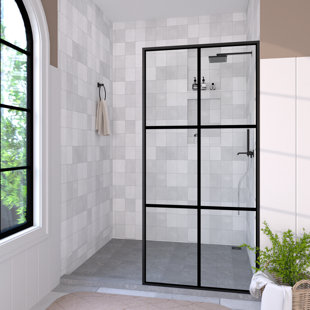 HERMITAGE BATH Hilma 34 In. W X 72 In. H Fixed Framed Shower Door In Matte Black Finish With Patterned Glass