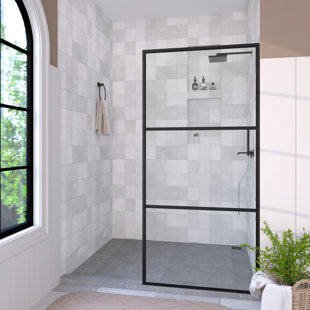 HERMITAGE BATH Hilma 34 In. W X 72 In. H Fixed Framed Shower Door In Matte Black Finish With Patterned Glass