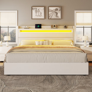 IVY BRONX Higham 47.2" Upholstered LED Bed Frame with Storage Wingback Headboard & 4 Storage Drawers