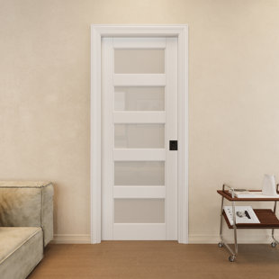 HOME WORTHY Interior 5-Lite Frosted Glass Sliding Pocket Door Solid Core Pantry Door With Privacy Pocket Lock / Soft Close
