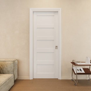 HOME WORTHY Interior 5-Panel Sliding Pocket Door Solid Core Pantry Door With Privacy Pocket Lock / Soft Close