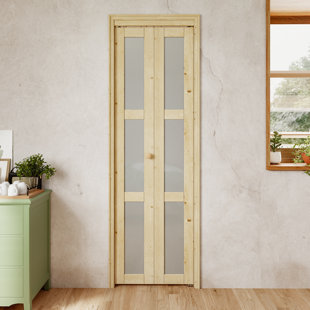 HOME WORTHY Pine Wood Unfinished 3 Lite Glass Bi-Fold Door With Hardware Kit