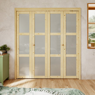 HOME WORTHY Double Pine Wood Unfinished 3 Lite Glass Bi-Fold Door With Hardware Kit