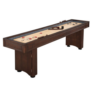 HATHAWAY GAMES Hathaway Austin 9 Ft Shuffleboard Table for Arcade Game Room - With Scratch Resistant Playfield, Built-In Abacus Scorer & Cabinet, Padded Gutters, Leg Levelers, 8 Pucks, Brush & Wax - Mahogany Finish