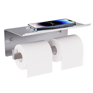 HUDSON & ASHTON LLC Large Stainless Steel Wall Mounted Double Tier Toilet Paper Holder With Shelves, Brushed Nickel