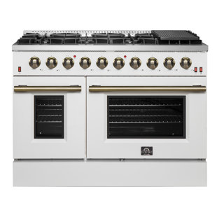 Forno Galiano 48-inch Gas Range in white, black, blue or red, 8 Burners, 107,000 BTU, Griddle, 6.58 Cubic Feet Double Ovens