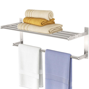 HUDSON & ASHTON LLC 24 Inch SUS304 Stainless Steel Rust-Proof Wall Mounted Bathroom Double Layer Storage Rack With Towel Bar