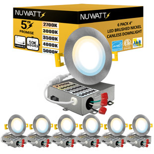 NUWATT Panel Downlight 4.87'' Selectable Color Temperature Dimmable Air-Tight IC Rated LED Canless Recessed Lighting Kit (Set of 6)