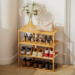 MONIBLOOM 4-Tier Corner Shoe Rack, Bamboo Narrow Shoes Display Shelf Stand Storage Organizer for Entryway