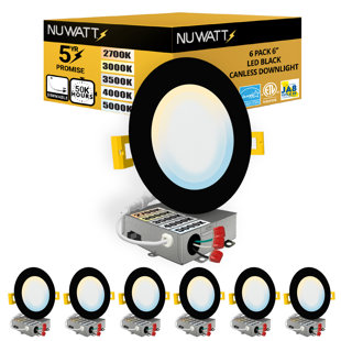 NUWATT Panel Downlight 6.88'' Selectable Color Temperature Dimmable Air-Tight IC Rated LED Canless Recessed Lighting Kit (Set of 6)