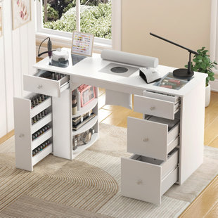 HOKKU DESIGNS Gadson Manicure Table Nail Tech Desk with Dust Collector and Wrist Cushion, and Tempered Glass Display, Spacious Storage