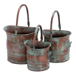 AUGUST GROVE® Quintanilla Copper Metal Indoor-Outdoor Patina Tulip Style Bucket Planter with Stationary Handles