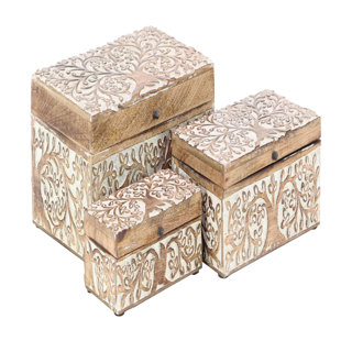 BUNGALOW ROSE Lemoore Mango Wood Floral Decorative Brown Box with Hinged Lid Set