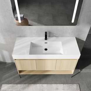 AIYCHEN 48" Bathroom Vanity Combo w/Single Resin Sink, Modern Storage Cabinet Set 3 Door, Multilayer solid wood, Oak