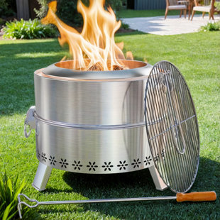 ARLMONT & CO. Alayjha 16"H×21'W Outdoor Stainless Steel Smokeless Fire Pit with Stand, Fire Poker,Grill, Portable Carry Bag,Wood Burning