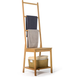 HAORUI Bamboo Bath Towel Rack, Multifunctional Bathroom Floor Shelf, Floor Storage Rack, Chair With Towel Rack