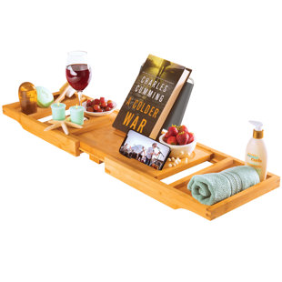 BAMBUSI Luxury Bamboo Bathtub Tray Caddy - Expandable and Foldable Nonslip Bath Caddy with Book/Tablet and Wine Glass Holder - Best Gift for Him or Her
