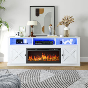 BALCONERA Farmhouse TV Stand With Fireplace For 75 Inch Tvs, 36” Electric Fireplace & LED Light, Media Console With Barn Door Cabinet For Living Room