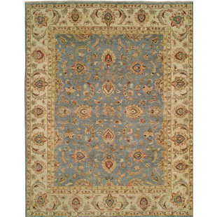 SHALOM BROTHERS Royal Handmade Hand-Knotted Wool Beige/Blue/Ivory Rug