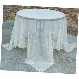MANOR LUXE Exquisite Heart Lace Embroidered Tablecloth with Beaded Accent
