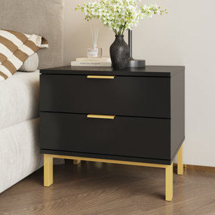 FAIRMONT PARK Black Bedside Table With 2 Drawers Bedside Cabinet Metal Legs Narrow Sidetable