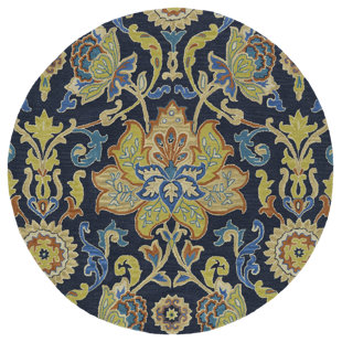 ASTORIA GRAND Barkell Floral Handmade Tufted Wool Navy Area Rug