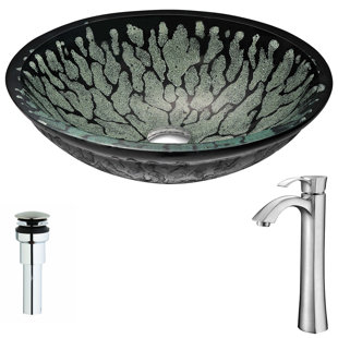 ANZZI Bravo 15.4'' Lustrous Black Tempered Glass Circular Bathroom Sink with Faucet