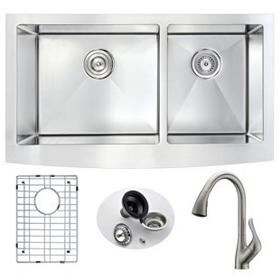 ANZZI Elysian 32.88'' L Farmhouse / Apron Double Bowl Stainless Steel Kitchen Sink