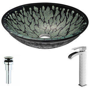ANZZI Bravo 15.4'' Lustrous Black Tempered Glass Circular Bathroom Sink with Faucet