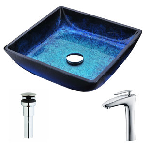 ANZZI Viace 15.13'' Blazing Blue Tempered Glass Square Bathroom Sink with Faucet