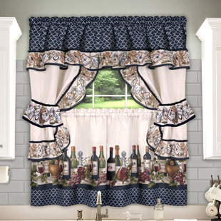 OPHELIA & CO. Lange Floral Ruffled 57'' W Kitchen Curtain in Navy