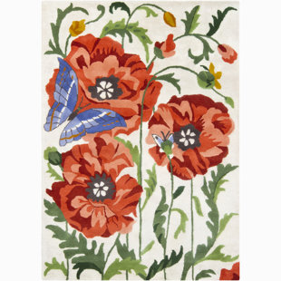 CHANDRA RUGS Bajrang White/Red Flower & Butterfly Area Rug