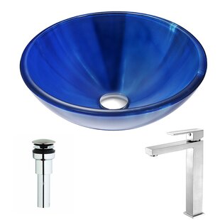 ANZZI Meno 16.5'' Blue Tempered Glass Circular Bathroom Sink with Faucet