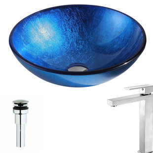 ANZZI Clavier 16.5'' Lustrous Blue Tempered Glass Circular Bathroom Sink with Faucet