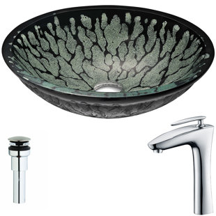 ANZZI Bravo 15.4'' Lustrous Black Glass Circular Bathroom Sink with Faucet