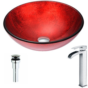 ANZZI Crown 16.5'' Lustrous Red Tempered Glass Circular Bathroom Sink with Faucet