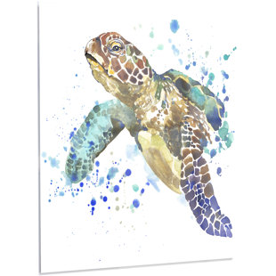 DESIGN ART 'Blue Sea Turtle Illustration' Painting Print on Metal