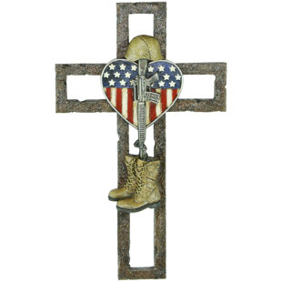 DE LEON COLLECTIONS Hollowed Military Fallen Soldier Patriotic Flag Heart Hanging Wall Cross Décor