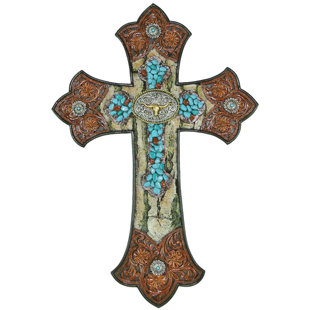 DE LEON COLLECTIONS Polyresin Tooled Leather and Longhorn Concho Turquoise Accent Hanging Wall Cross Decor