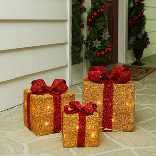 NORTHLIGHT SEASONAL Gold and Red Gift Boxes with Bows Lighted Christmas Outdoor Decorations (Set of 3)